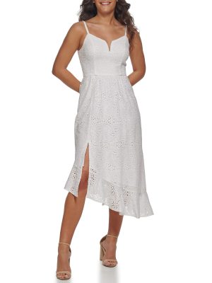 Women's Asymmetrical Cotton Eyelet Midi Contemporary Dress